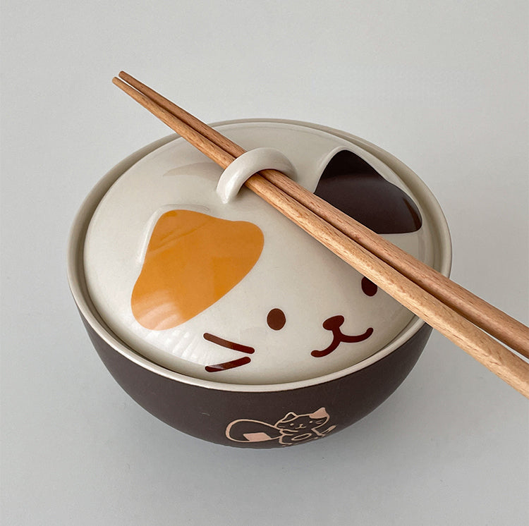 Japanese Style Ceramic Bowls with Kitty Lids - PeauleyHome