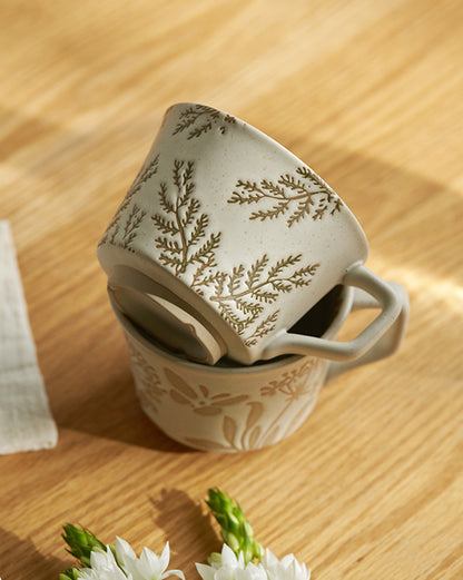 Engraved Floral Vintage Ceramic Coffee Mug - PeauleyHome