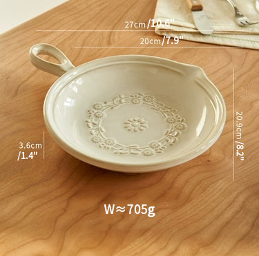 Japanese Style Embossed Floral Plate with Handle - PeauleyHome