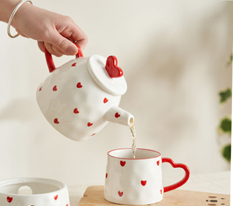 Heart Theme Ceramic Tea Pot Cup Plate Set - PeauleyHome