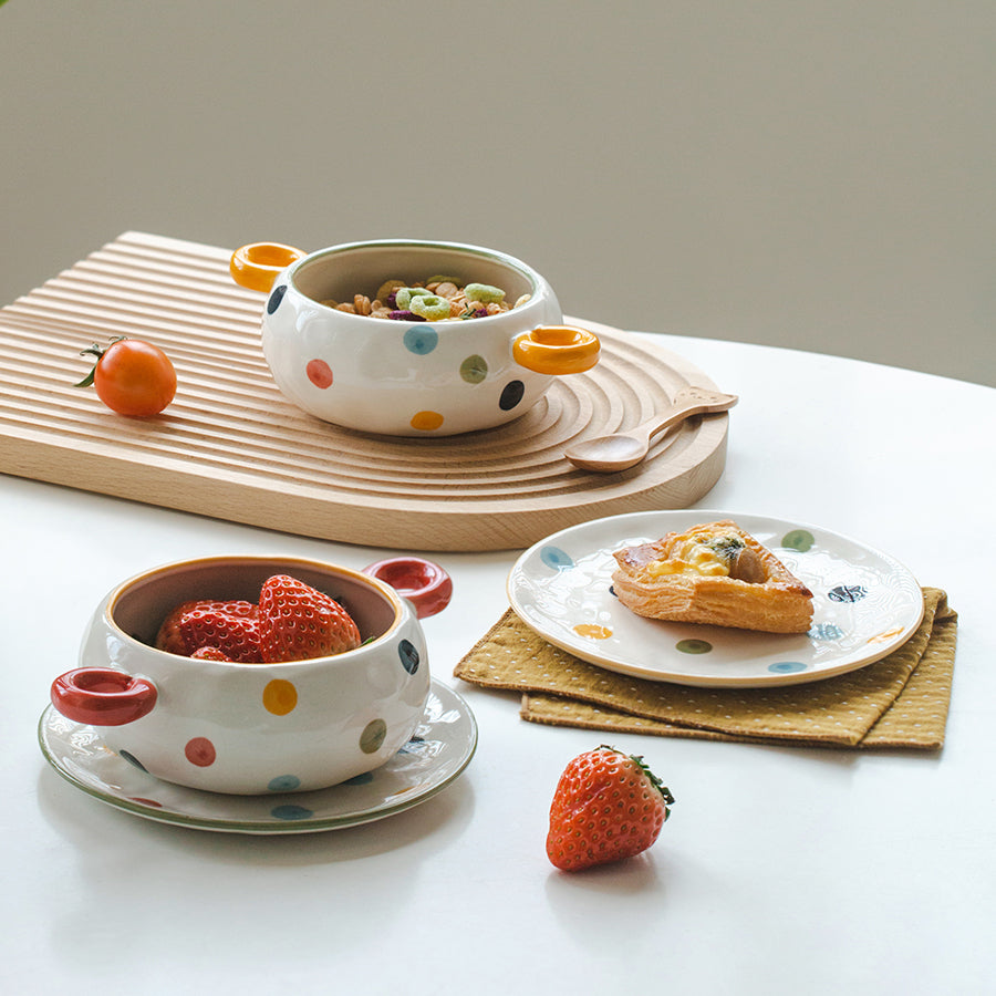 Dots Style Ceramic Bowls with Double Handles