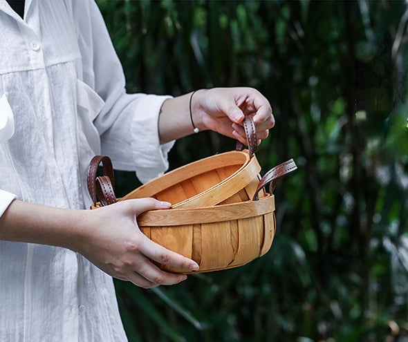 Hand-woven Wood Chip Basket Leather Handle Food Fruit Picnic Basket - PeauleyHome