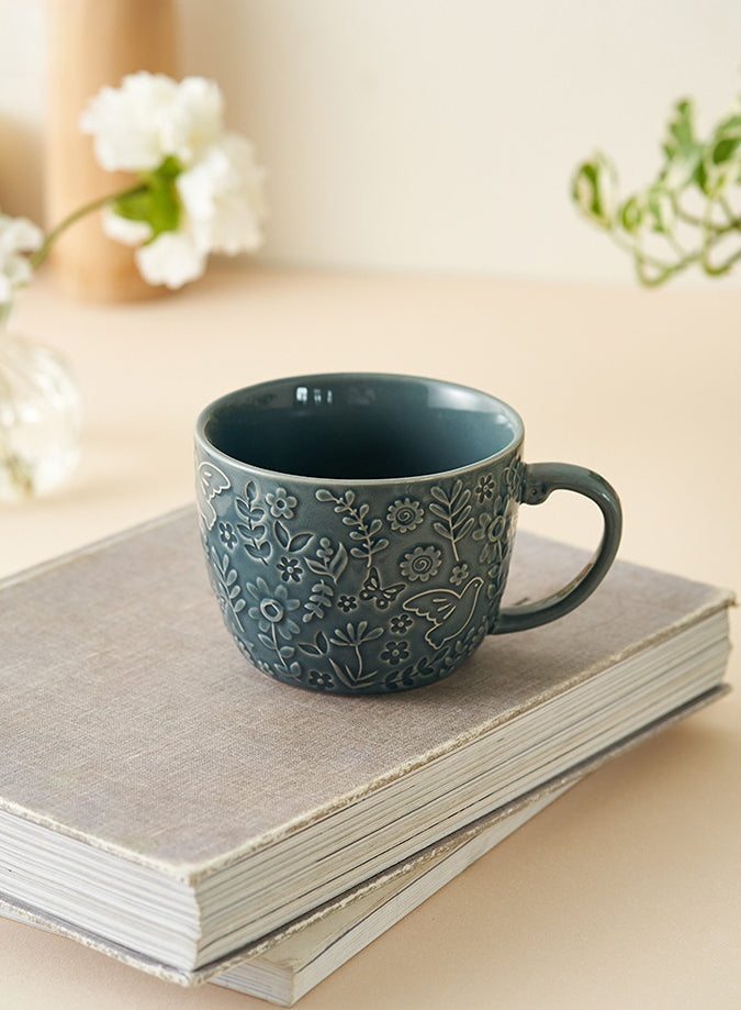 Vintage Embossed Ceramic Mug with Large Capacity - PeauleyHome