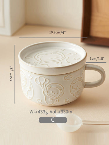 Original Cute Emboss Ceramic Mugs Cups with Lids for Ladies - PeauleyHome