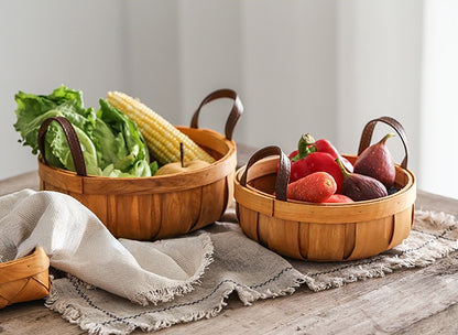 Hand-woven Wood Chip Basket Leather Handle Food Fruit Picnic Basket - PeauleyHome