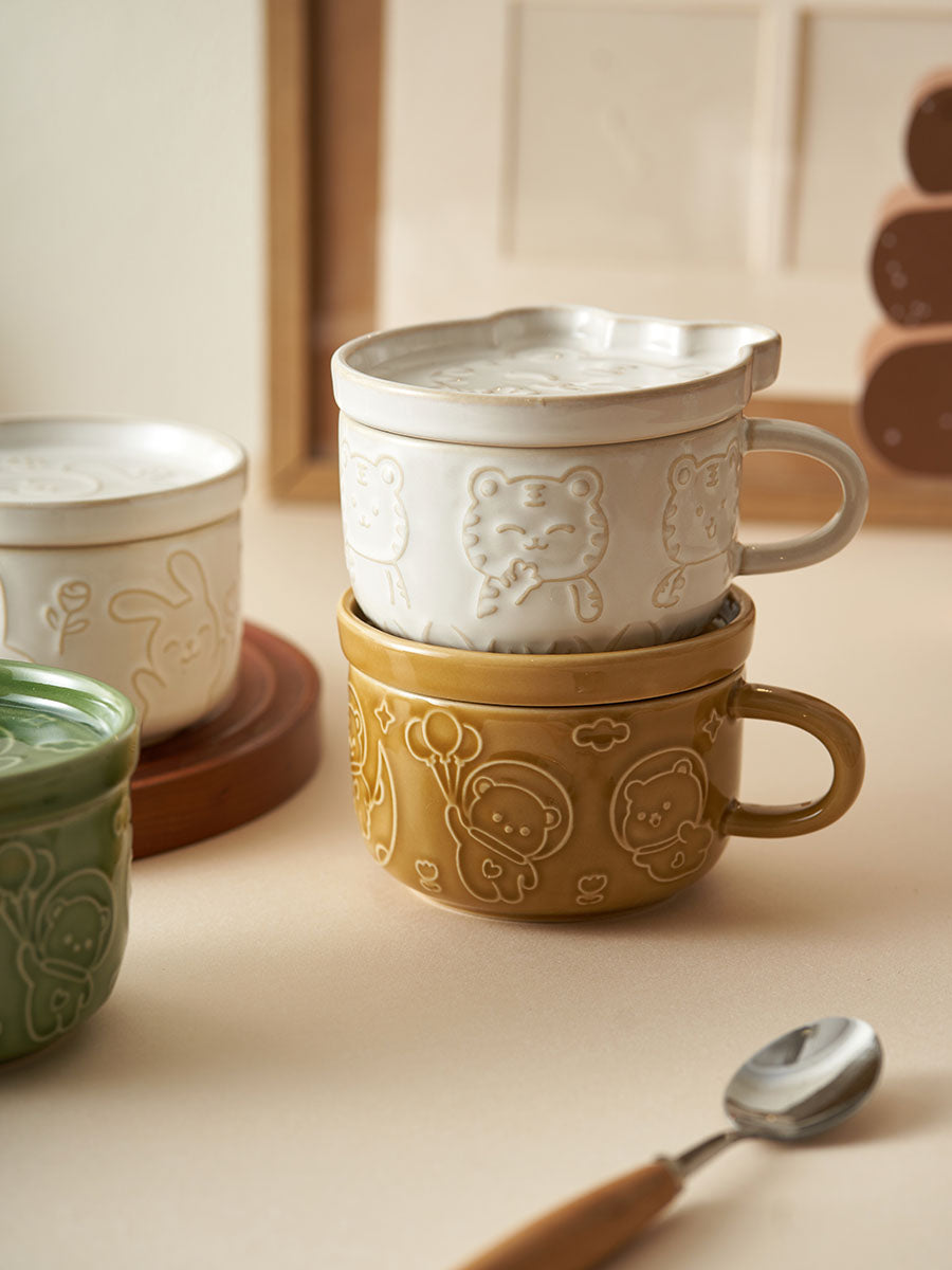 Original Cute Emboss Ceramic Mugs Cups with Lids for Ladies - PeauleyHome