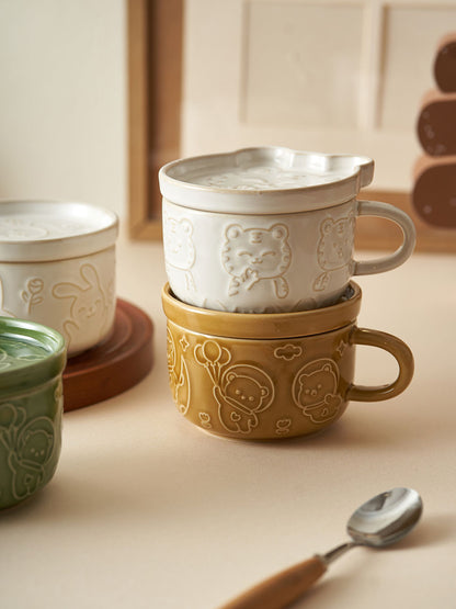 Original Cute Emboss Ceramic Mugs Cups with Lids for Ladies - PeauleyHome