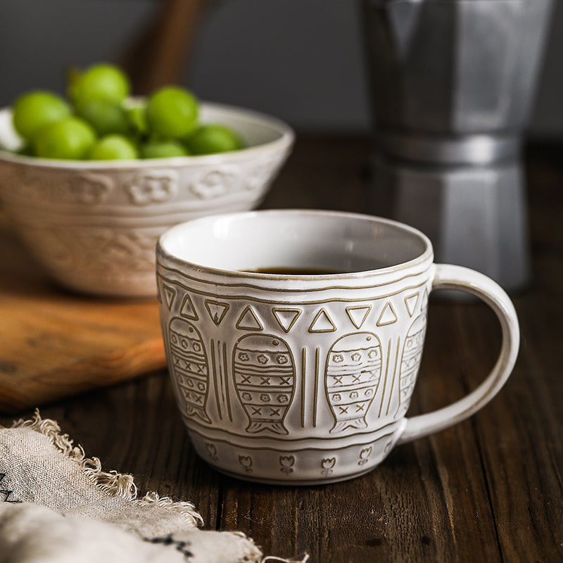 Handmade French Embossed Ceramic Mug with Large Capacity - PeauleyHome