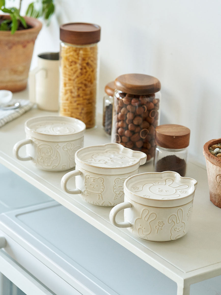 Original Cute Emboss Ceramic Mugs Cups with Lids for Ladies - PeauleyHome