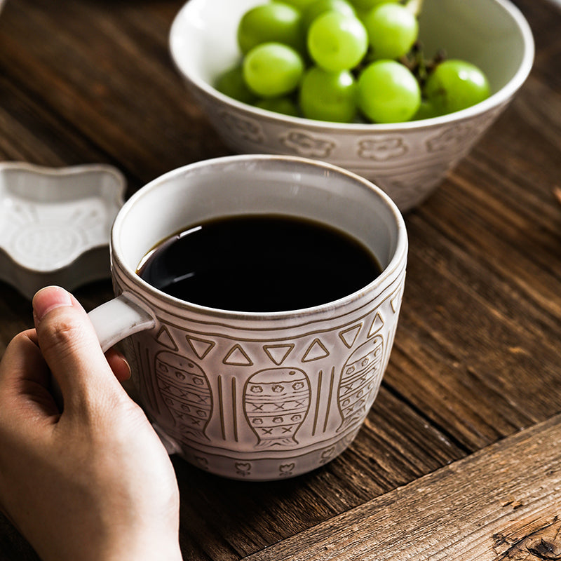 Handmade French Embossed Ceramic Mug with Large Capacity - PeauleyHome