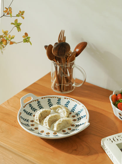 Floral Double Handles Ceramic Plates Bowls - PeauleyHome