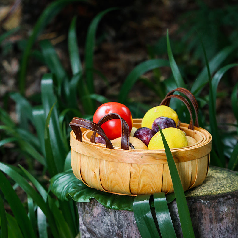 Hand-woven Wood Chip Basket Leather Handle Food Fruit Picnic Basket - PeauleyHome