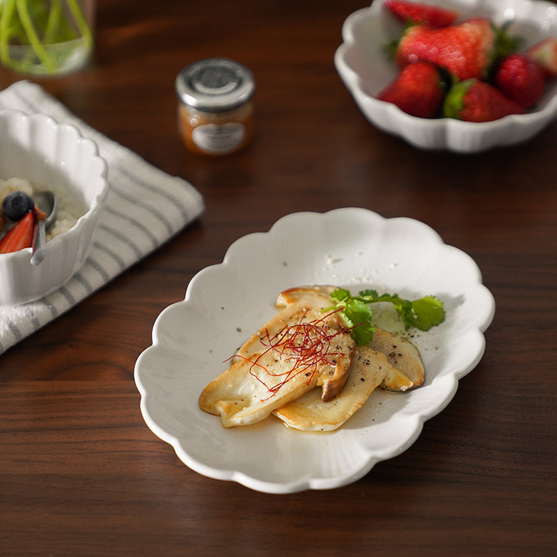 White Ceramic Lace Plate Dinner Fancy Bowls and Platters for Home - PeauleyHome