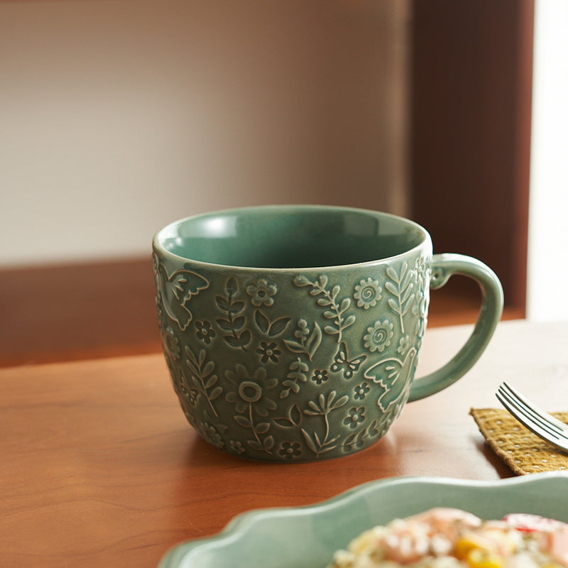 Vintage Embossed Ceramic Mug with Large Capacity - PeauleyHome