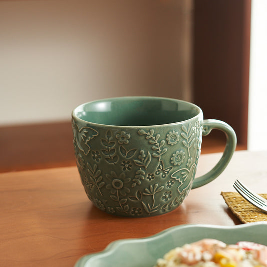 Vintage Embossed Ceramic Mug with Large Capacity - PeauleyHome