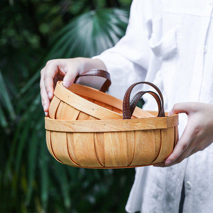 Hand-woven Wood Chip Basket Leather Handle Food Fruit Picnic Basket - PeauleyHome