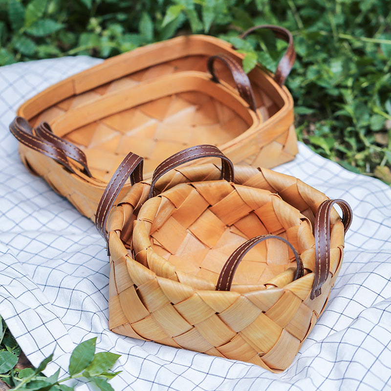 Hand-woven Wood Chip Basket Leather Handle Quality Food Fruit Basket - PeauleyHome