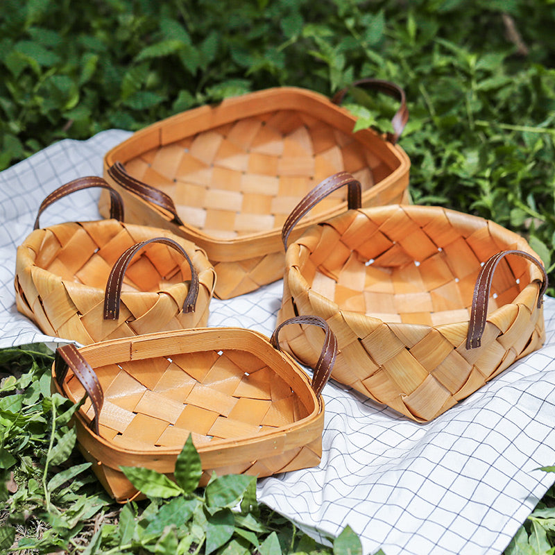 Hand-woven Wood Chip Basket Leather Handle Quality Food Fruit Basket - PeauleyHome