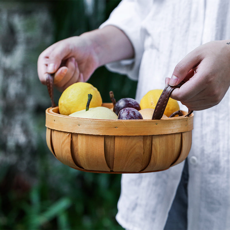 Hand-woven Wood Chip Basket Leather Handle Food Fruit Picnic Basket - PeauleyHome