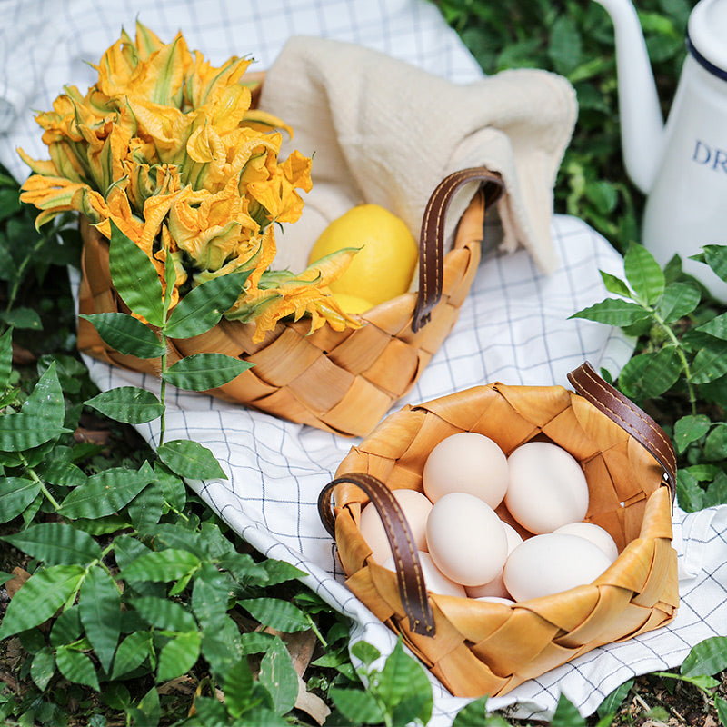 Hand-woven Wood Chip Basket Leather Handle Quality Food Fruit Basket - PeauleyHome