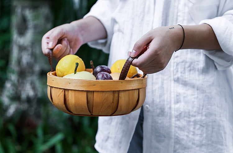 Hand-woven Wood Chip Basket Leather Handle Food Fruit Picnic Basket - PeauleyHome