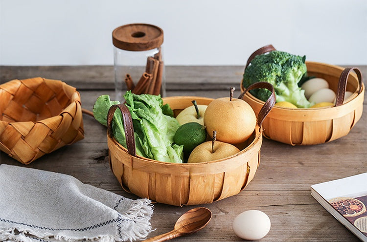 Hand-woven Wood Chip Basket Leather Handle Food Fruit Picnic Basket - PeauleyHome