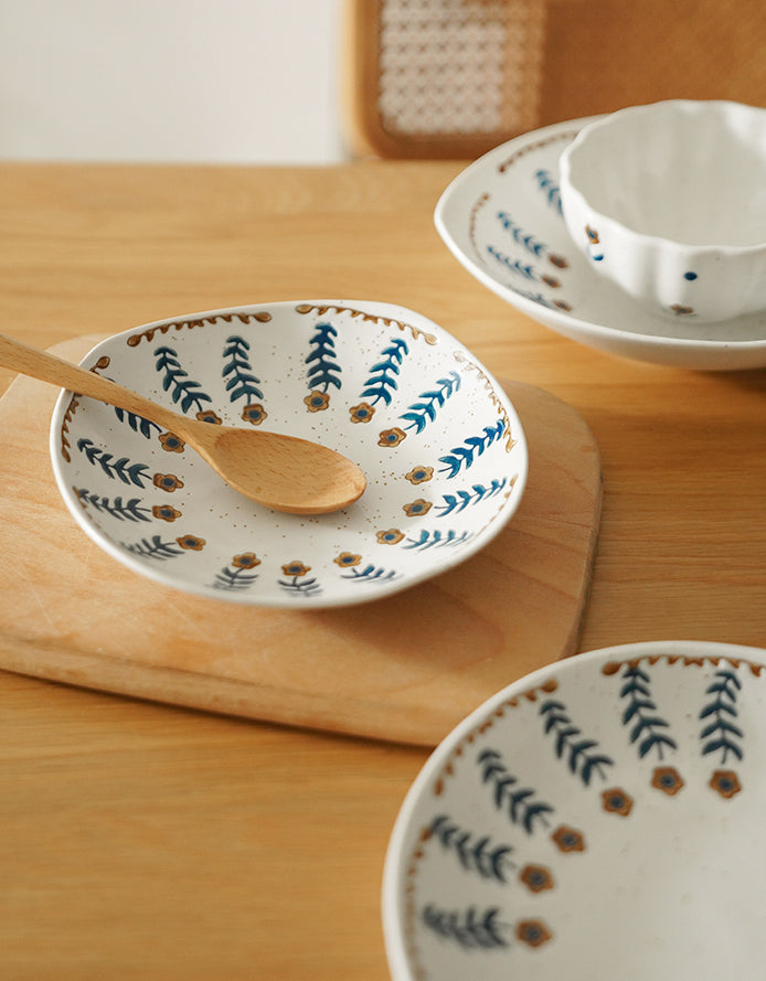 Floral Double Handles Ceramic Plates Bowls - PeauleyHome