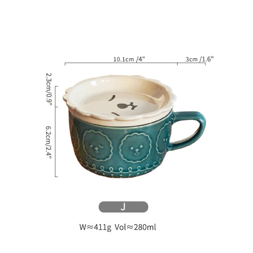 Original Cute Emboss Ceramic Mugs Cups with Lids for Ladies - PeauleyHome