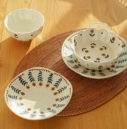 Floral Double Handles Ceramic Plates Bowls - PeauleyHome