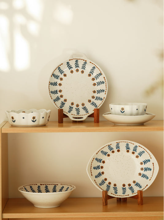 Floral Double Handles Ceramic Plates Bowls - PeauleyHome