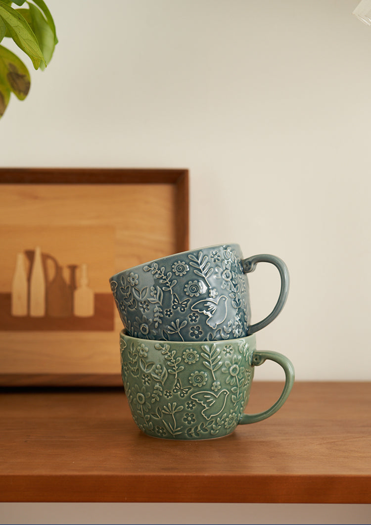 Vintage Embossed Ceramic Mug with Large Capacity - PeauleyHome